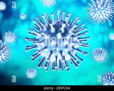 3D-Darstellung eines blau gefärbten Coronavirus auf türkisfarbenem Hintergrund. Stockfoto