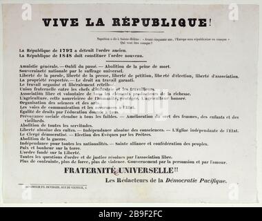 ES LEBE DIE REPUBLIK! DIE REPUBLIK VON 1792A ZERSTÖRTE DIE ALTE ORDNUNG, DIE REPUBLIK VON 1848 MUSS EINE NEUE ORDNUNG SEIN - ES LEBE DIE REPUBLIK! DIE REPUBLIK VON 1792 EINE ZERSTÖRTE ALTE ORDNUNG, DIE REPUBLIK VON 1848 MUSS EINE NEUE ORDNUNG IMPRIMERIE D'E. SEIN Duverger. Vive la République! La République de 1792a détruit l'ordre ancien, La République de 1848 doit constituer l'ordre nouveau. Affiche. Typographie. En 1848. Paris, musée Carnavalet. Stockfoto