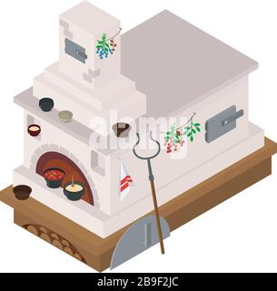 Russischer Herd im Isometric.. Set mit russischem Herd und Küchenutensilien. Vektorgrafiken. Stock Vektor