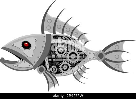 Fischsteampunk-Roboter. Ungewöhnliche Vektorgrafiken des Tiermustermechanismus. Stock Vektor