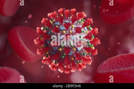 Coronavirus COVID-19-Bakterien mit roten Spitzen auf einem grauen Umschlag. 3D-Darstellung von Coronavirus Zellen. Stockfoto
