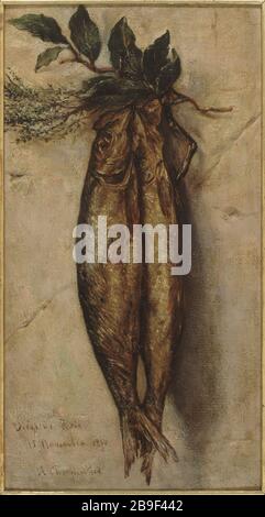 Hering diente früher bei der Belagerung von Paris auch zu Lebensmitteln von Auguste-Charpentier (1913-1880). "Harengs ayant servi à l'alimentation Pendant le siège de Paris" (guerre franco-prussienne), 1870. Huile sur toile. Paris, musée Carnavalet. Stockfoto