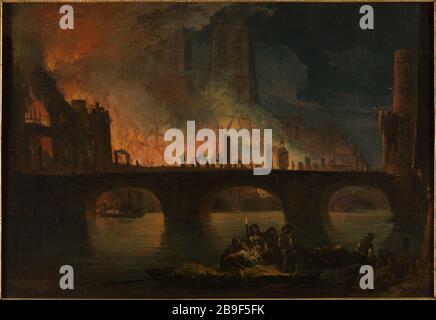 Das Feuer im Hotel Dieu, im Jahre 1772-1 Jean-Baptiste François Genillion, ou Genillon (1750-18299). "L'incendie de l'Hôtel-Dieu, en 772". Huile sur toile. 17772. Paris, musée Carnavalet. Stockfoto