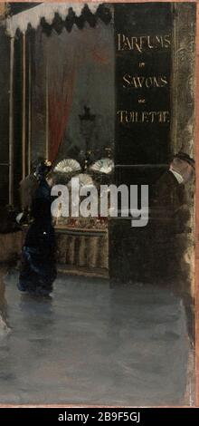 Parfümerie Violet (Ecke Boulevard des Capucines und Rue Scribe) Giuseppe de Nittis (1846-1884). "La parfumerie Violet (à l'Angle du Boulevard des Capucines et de la rue Scribe)". Huile sur toile. 1865-1884. Paris, musée Carnavalet. Stockfoto