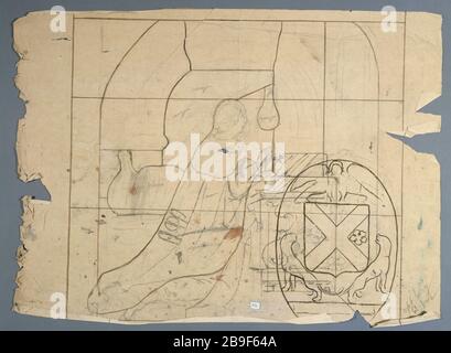 GLASMALEREI-DESIGN CIVIL: CHEVREUSE, The Annunciation Prosper Lafaye (1806-1883). "DESSIN de vitrail: Chevreuse, l'Annonciation - donateur agenouillé avec écusson, entre in den Jahren um 1875". Paris, musée Carnavalet. Stockfoto