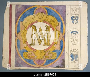 GLASDESIGN ZIVIL: CHEVREUSE - M-GRENZE UND GRENZE SAINT-GERVAIS PROSPER LAFAYE (1806-1883). "DESSIN de vitrail: Chevreuse - bordure M et bordure de Saint-Gervais, entre 184on 1875". Paris, musée Carnavalet. Stockfoto