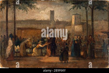 Blumenmarkt, Hafenblume, ca. um das Jahr 1840; aktueller 4. Bezirk. Blick auf Saint-Gervais-St.-Protais und das Rathaus des Hafen. Jean-François Demay. Le marché aux fleurs, quai aux fleurs, vers 1840; actuel 4ème arronoire. Vue de l'église Saint-Gervais-Saint-Protais et du Port de l'hôtel de Ville. Huile sur Carton. 1835-1845. Paris, musée Carnavalet. Stockfoto