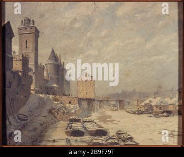 Der Uhrturm, die Conciergerie und Pont au ändern sich 1621 Fédor Hoffbauer. La Tour de l'Horloge, la Conciergerie et le pont au change, en 1621. Huile sur bois. Im Jahr 1887. Paris, musée Carnavalet. Stockfoto