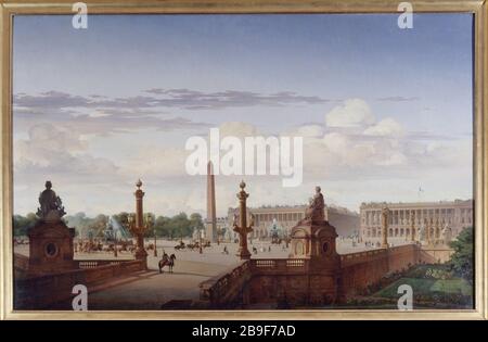 DER PLATZ VON CONCORDE BLICK AUF DIE TERRASSE HAFENGEBIET JEAN-CHARLES GESLIN. "La Place de la Concorde vue de la Terrasse du bord de l'eau; le roi Louis-Philippe Traverse la Place dans sa voiture, 1846". Paris, musée Carnavalet. Stockfoto