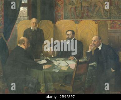 DAS SICHERHEITSKOMITEE DER STADT PARIS UND DAS DEPARTEMENT DER SEINE WÄHREND DES ERSTEN WELTKRIEGS JEAN-PAUL LAURENS (1838-1921). "Le Comité de sécurité de la Ville de Paris et du département de la seine Pendant la guerre de 1914-1918". Huile sur toile. Paris, musée Carnavalet. Stockfoto
