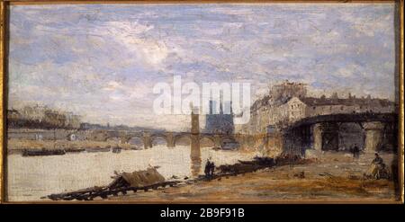 Le Pont de la Tournelle, der Ile Saint-Louis und der Pier von der Insel Louviers (aktueller Boulevard Morland), derzeit 4. Bezirk. Charles-Emile Cuisin (1832-1900). Le Pont de la Tournelle, l'Ile Saint-Louis et l'Estacade, vus de l'île Louviers (Actuel Boulevard Morland). Paris (IVème arr.). Huile sur toile. Paris, musée Carnavalet. Stockfoto