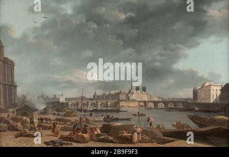 Die Spitze der Ile de la Cité, Blick auf den Hafen Saint Nicolas. Alexandre-Jean Noël (1752-1834). "La pointe de l'Ile de la Cité, vue du Port Saint Nicolas". Huile sur toile. Paris, musée Carnavalet. Stockfoto