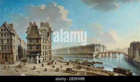 NICOLAS UND JEAN-BAPTISTE RAGUENET - DER DOCKSTREIK, DIE INSEL ST LOUIS UND DIE ROTE BRÜCKE VOM ORT DES STREIKS Nicolas et Jean-Baptiste Raguenet (actifs au XVIIIème siècle) aus gesehen. "Le quai de la Grève, l'île Saint-Louis et le pont Rouge vus de la Place de Grève". Huile sur toile. Paris, musée Carnavalet. Stockfoto