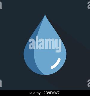 Einfacher flacher Wassertropfen mit Schatten isoliert auf dunkelblauem Hintergrund. Vorlage für Tropfensymbole für ein Designkonzept. Vektorgrafiken in modischer Wohnung Stock Vektor