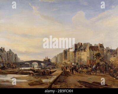 BRIDGE-MARIE UND PORT SAINT PAUL CHARLES MOZIN (1806-1862). "Le Pont-Marie et le Port Saint-Paul, vers 182". Huile sur toile. Paris, musée Carnavalet. Stockfoto
