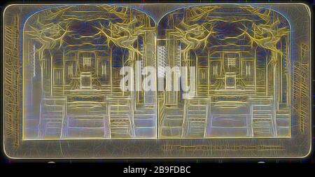Mandschurei, Kaiserstuhl im Mukden-Palast, Mandschurei, Griffith und Grifith, Gelatinsilber, 1906, Blick auf den Thronsaal, Shenyang Gugong, auch als Kaiserpalast Shenyang bekannt, Kaiserpalast während der frühen Qing-Dynastie (1625-1644) Chinas, neu von Gibon vorgestellt, Design mit warmem, fröhlichem Glanz von Helligkeit und Lichtstrahlen. Klassische Kunst mit moderner Note neu erfunden. Fotografie, inspiriert vom Futurismus, die dynamische Energie moderner Technologie, Bewegung, Geschwindigkeit und Kultur revolutionieren. Stockfoto