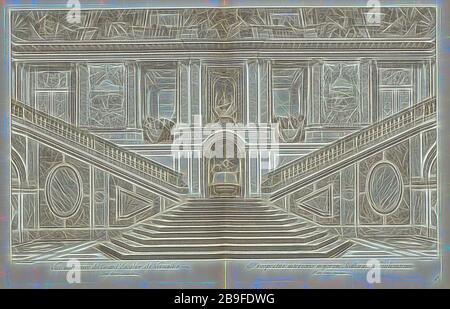 Vue interieure du Grand Escalier de Versailles costé oposé a l'entrée, Grand Escalier du Château de Versailles dit Escalier des ambassadeurs, Chevotet, Jean-Michel, 1698-173, Le Brun, Charles, 1619-1690, Surugue, Louis, 1686-1762, Radierung, Gravur, schwarz-weiß, 1725, J M Chevotet, unten-links-del-rechts-Surugue. In brauner Tinte, unten rechts, von Gibon neu vorgestellt, Design von warmfröhlichem Leuchten von Helligkeit und Lichtstrahlen. Klassische Kunst mit moderner Note neu erfunden. Fotografie, inspiriert vom Futurismus, mit dynamischer Energie moderner Technologie, Bewegung, Geschwindigkeit und RE Stockfoto