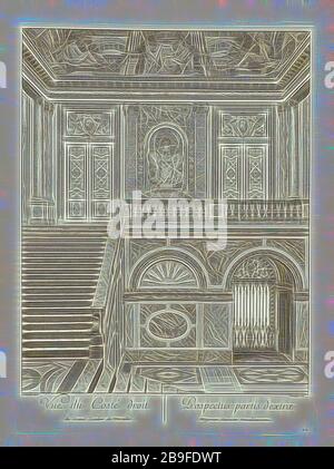 Vue du costé droit du Grand Escalier de Versailles, Grand Escalier du Château de Versailles dit Escalier des ambassadeurs, Chevotet, Jean-Michel, 1698-1772, Le Brun, Charles, 1619-1690, Surugue, Louis, 1686-1762, Radierung, Gravur, Schwarz-Weiß, 1725, Chevotet del.--Lower Left, Surugex---. Unten rechts, von Gibon neu vorgestellt, Design von warmem, fröhlichem Leuchten von Helligkeit und Lichtstrahlen. Klassische Kunst mit moderner Note neu erfunden. Fotografie, inspiriert vom Futurismus, die dynamische Energie moderner Technologie, Bewegung, Geschwindigkeit und Kultur revolutionieren. Stockfoto