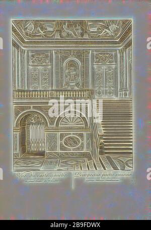 Vuë du costé gauche du Grand Escalier de Versailles, Grand Escalier du Château de Versailles dit Escalier des ambassadeurs, Chevotet, Jean-Michel, 1698-1772, Le Brun, Charles, 1619-1690, Surugue, Louis, 1686-1762, Radierung, Gravur, Schwarz-Weiß, 1725, J. M. Chevotet del.- unten links, Surugue- excue- Unten rechts, von Gibon neu vorgestellt, Design von warmem, fröhlichem Leuchten von Helligkeit und Lichtstrahlen. Klassische Kunst mit moderner Note neu erfunden. Fotografie, inspiriert vom Futurismus, die dynamische Energie moderner Technologie, Bewegung, Geschwindigkeit und Kultur revolutionieren. Stockfoto
