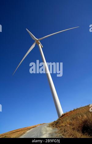 Einzelne Windenergieanlage auf Windpark aus tiefem Winkel mit blauem Himmel Stockfoto