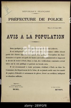 FRANZÖSISCHE REPUBLIK, Präfektur POLIZEI, Paris, 14. August 1914, BENACHRICHTIGUNG DER BEVÖLKERUNG in wenigen Tagen die Generalmobilmachung abgeschlossen. Guerre 1914-1918. Affiche politique. Avis du 14 août 1914 de la Préfecture de Police à la Population. "Ans quelques jours la Mobilisation Générale va être achevée". Anonyme. Typographie, 1914. Paris, musée Carnavalet. Anonyme. République française, Préfecture de police, Paris, le 14 Août 1914, Avis à la Population, 'Dans quelques jours la Mobilisierung Générale va être achevée'. Typographie. 1914. Paris, musée Carnavalet. Stockfoto