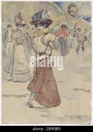 Spaziergänger im Moulin de la Galette. Aktueller 18. Bezirk. Henry Somm (1844-1907). Promeneurs devant le moulin de la Galette. Paris (XVIIIème arr.). Aquarelle sur traits de plume. Paris, musée Carnavalet. Stockfoto