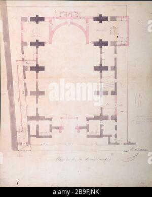 Der Plan des Erdgeschosses veränderte den Tempel der Erlösung (evangelische Kirche), 16, rue Chauchat, neuntes Stadtviertel. François Christian ou Francois Chrétien Gau (1790-1853). Plan du rez-de-chaussée modifié du Temple de la Rédemption (église protestante), 16, rue Chauchat, IXème-Bezirk. Pflaume, Encre brune, Crayon, lavis Rose et gris sur Papier blanc, 1842. Paris, musée Carnavalet. Stockfoto
