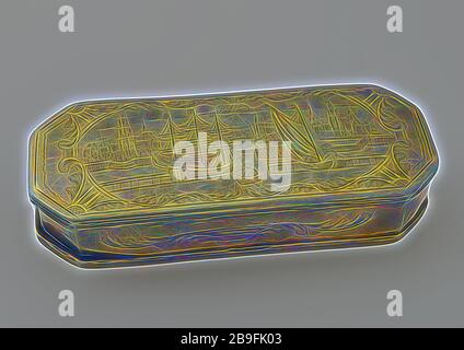 Kupfer Tabak Box mit Gesicht auf Rotterdam, Tabak, Halter metall Kupfer w 15,6 6,2 h 3.3 cast Zweifachdose eng mit eckigen Enden flach Klappdeckel eingraviert. Profil Kanten top: Rotterdam Heraldik Tabak Topographie Stadtbild Rotterdam rauchen Store snuffbox Stockfoto