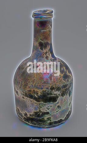 Zylindrische Flasche Wein, Uhr Modell, Wein Flasche Flaschenhalter Boden finden Glas, geblasen und im Formenbau, mundgeblasenem Glas Anwendung Zylindrische (Wein gegossen) Flasche in Klar Grün Glas uhr modell. Pontil mark unter breiten umgekippt unten gerade Körper Schultern zu konvexen und leicht verjüngt Hals mit runden unregelmäßig abgeflacht Glas Draht und schlampig flach abfallenden Lippe Archäologie Paket Stockfoto