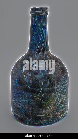 Zylindrische Flasche Wein, Uhr Modell, Wein Flasche Flaschenhalter Boden finden Glas, geblasen und geblasenem Glas Anwendung Zylindrische (Wein) Flasche in Klar Grün Glas Uhr Modell geformt. Pontil mark unter breiten umgekippt unten gerade Körper Schultern zu konvexen und leicht verjüngt Hals mit Rundum unregelmäßige scharfe Glas Gewinde und schlampig abgeflacht Lippe Archäologie Verpackung Stockfoto