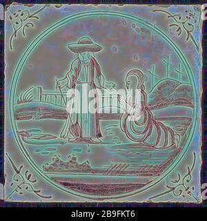 Szene, Zeile, Jesus erscheint als Gärtner für Maria Magdalena, der Leiter des Ecke Motiv ox, Wand Fliese Fliese skulptur keramik Steingut glasiert, gebackene 2 x Glasierte zwölf Fliesen, Fliese Feld gelb shard Platz vier Nagellöcher gemalt. Lila Weiß, Szene design biblische Szene Erscheinung Christi links von der Mitte Jesus als Gärtner auf seiner Linken Maria Magdalena auf dem Hintergrund drei Kreuze auf dem Berg Golgota Bibel Religion aussehen Jesus Stockfoto