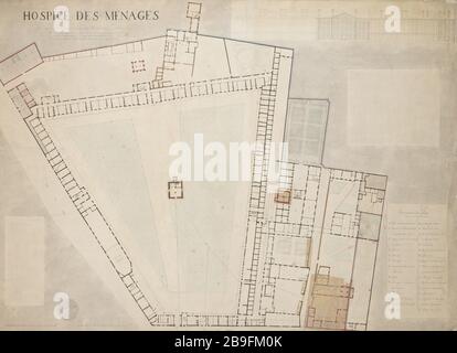 PLANEN SIE DAS HOSPIZ DER HAUSHALTE ZWISCHEN DER STRASSE DES STUHLS UND DER RUE DE SEVRES ALEXANDRE BIENVENU. "Plan de l'hospice des Ménages, entre la rue de la Chaise et la rue de Sèvres en décembre" (dt.: "Plan de l'Hospiz des Ménages, entre la rue de la Chaise et la rue Paris, musée Carnavalet. Stockfoto