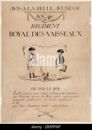 BEACHTEN SIE DAS SCHÖNE KINDER-ROYAL-REGIMENT DER SCHIFFE ANONYME. "Avis à la belle jeunesse, Régiment Royal des vaisseaux". Tiefdruck sur bois couleur. Paris, musée Carnavalet. Stockfoto