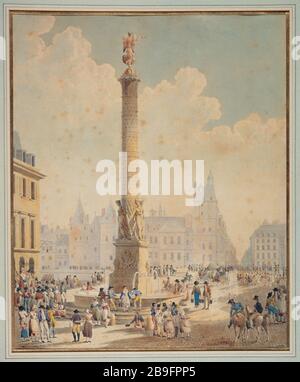 Place du Chatelet und die Palmenbaumsäule "Auguste-Hibon" (1780-1857). La Place du Châtelet et la colonne du Palmier. Plume et aquarelle. Paris (Ier arr.), 1810-1020. Paris, musée Carnavalet. Stockfoto