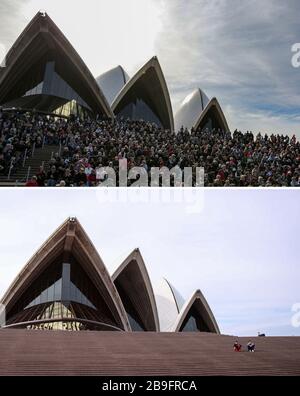 Sydney, Australien am 14. Juni. März 2020. Combo-Foto zeigt Sydney Opera House in Sydney, Australien am 14. Juni 2019 (oben) und seine leeren Schritte am 24. März 2020. Die beiden größten Bundesstaaten Australiens haben beschlossen, bedeutende neue Schritte zur Bekämpfung der COVID-19 zu Unternehmen, wobei beide Staaten ankündigten, dass nicht wesentliche Aktivitäten und Geschäfte ab Montag Mittag geschlossen werden. Die Schließungen kommen, da die Anzahl der bestätigten Fälle in ganz Australien 1.609 übersteigt, wobei New South Wales und Victoria den Großteil der Infektionen bilden. Kredit: Bai Xuefei/Xinhua/Alamy Live News Stockfoto