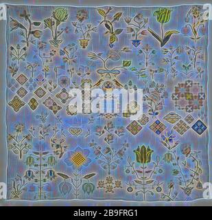 Sampler arbeitete in Rokoko oder Bündel Stich mit farbiger Seide auf lose gewebte Cremefarbene Bettwäsche in floralen Motiven, markierte 1742 HVDK, sampler Stickereien Handarbeit bilder Seide Bettwäsche, Textil stickerei Rokoko stitch bundle Nähen Sticken von bunten Seidengarne auf lose gewebte Cremefarbene Bettwäsche mit Saum Grenze von 0,6 cm. Es ist möglich, dass dieser Saum später eingelegten ist, weil die Stickerei, die teilweise auf den Saum fällt. Die tatsächliche Größe wird nicht so viel größer gewesen, seit die Vignette mit Buchstaben in der Mitte der Leinwand fällt. Arbeit hat im Rokoko Stich oder Bündel stitch in mehr getan Stockfoto