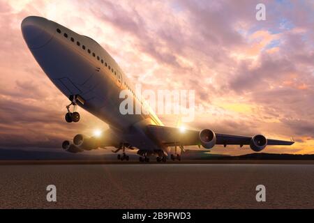 3D-Rendering eines Flugzeuges bei Sonnenuntergang Stockfoto