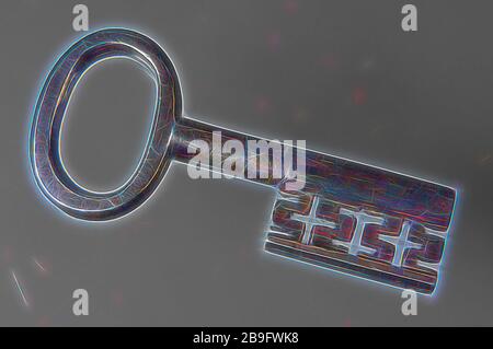 Bügeleisen Schlüssel mit ovalem Auge, hohlen Schlüssel Griff und kreuzförmigen Bart in Bart, Schlüssel Eisen wert Eisen, von Hand geschmiedeten Schlüssel mit ovalem Auge (Griff) hohl Key cross-förmige Kerben (horizontal und vertikal) in den Bart und symmetrische Schlüsselloch Querschnitt Scharniere Griff Stockfoto