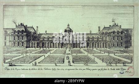 DER PALAST DER KÖNIGIN DER KATHARINA VON MEDICI SAGT, DASS DAS JAHR DER ERRICHTUNG DER TUILERIEN 1564 DAS HEUTIGE 1. VIERTEL, PARIS, IST. (TITELATTRAPPE) Israël Silvestre (1621-1664), Stefano della Bella, dit de la Belle Etienne (1610-1664), Jean Marot (1619-1679) und Israël Heniet (1590-1661). "Palais de la Reine Catherine de Medicis, dit les Tuileries bâti l'an 1564, actuel Paris (Ier arr,). Eau-forte, 1650-1655. Paris, musée Carnavalet. Stockfoto