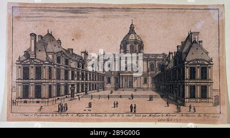 ORT UND HAUPTEINGANG DER KAPELLE UND DES KOLLEGIUMS DER SORBONNE, CIRCA 1649, DERZEIT 5. BEZIRK, PARIS. (TITELATTRAPPE) Israël Silvestre (1621-1664), della Bella Stefano, dit de la Belle Etienne (1610-1664), Jean Marot (1619-1679) et Israël Heniet (1590-1661). 'Place et entrée principale de la chapelle et du collège de la Sorbonne, vers 1649, actuel Paris. (Vème arr.)'. Eau-forte, 1649. Paris, musée Carnavalet. Stockfoto