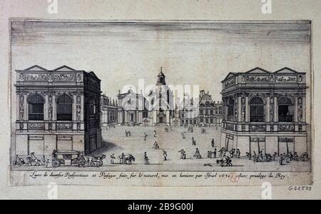 BRUNNEN DES UNSCHULDIGEN (GETEILTEN) PORTALKRANKENHAUSES DER TRINIDAD STREETS SAINT-DENIS, THE IRON AND GRENETA, 2ND DISTRICT, PARIS. KIRCHENMÄDCHEN SAINTE-MARIE-DE-LA-VISITATION, HOTEL DE LA MAYENNE, STRASSE SAINT-ANTOINE, 4. BEZIRK, PARIS. (TITELATTRAPPE) Israël Silvestre (1621-1664), Stefano della Bella, dit de la Belle Etienne (1610-1664), Jean Marot (1619-1679) und Israël Heniet (1590-1661). 'Fontaine des Innocents (dédoublée), le portail de l'hôpital de la Trinité, rues Saint-Denis, aux fers et Greneta, 2ème arronoire, Paris. Eglise des filles Sainte-Marie-de-la-Visitation, hôtel de la Mayenne, ru Stockfoto