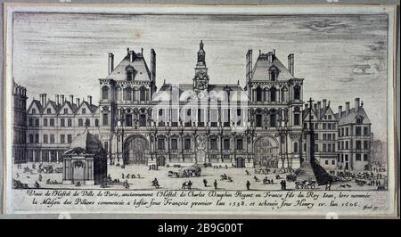 SCHLAGEN UND PLATZIEREN SIE DAS HAUS DER SÄULEN, PASSAGEN HEILIGER GEIST UND SAINT-JEAN, DAS HEUTIGE 4. VIERTEL, PARIS. (TITELATTRAPPE) Israël Silvestre (1621-1664), Stefano della Bella, dit de la Belle Etienne (1610-1664), Jean Marot (1619-1679) und Israël Heniet (1590-1661). "Place de Grève et Hôtel de Ville, maison des piliers, passages Saint-Esprit et Saint-Jean, actuel Paris. (IVème arr.)'. Eau-forte, 1651-1655. Paris, musée Carnavalet. Stockfoto