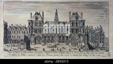 SCHLAGEN UND PLATZIEREN SIE DAS HAUS DER SÄULEN, PASSAGEN HEILIGER GEIST UND SAINT-JEAN, DAS HEUTIGE 4. VIERTEL, PARIS. (TITELATTRAPPE) Israël Silvestre (1621-1664), Stefano della Bella, dit de la Belle Etienne (1610-1664), Jean Marot (1619-1679) und Israël Heniet (1590-1661). "Place de Grève et Hôtel de Ville, maison des piliers, passages Saint-Esprit et Saint-Jean, actuel Paris. (IVème arr.)'. Eau-forte, 1651-1655. Paris, musée Carnavalet. Stockfoto