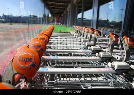 Heinsberg, Deutschland - 23. März. 2020: Nahaufnahme von Einzelreiheneinkaufskartuetten mit Lupen der deutschen Drogeriemarktkette DM Stockfoto