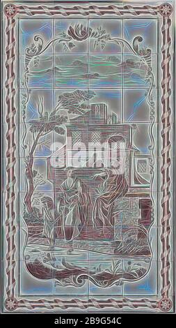 Fliesenhersteller: atelier J. Aalmis, Verwijk (170-3), lila Fliesenbild in Metallrahmen, Mann (Abraham), Frau (Hagar) und Kind (Ismael) vor Haus, Ablehnung von Hagar, Kachelbildmaterial Keramik Steingut Glasur Metall, Gebacken 2x glasiert lackiert acht hohe vier breit mit Randziegel auf allen Seiten Gelber Schard Aalmis Aelmis Barendrecht Religion bibel Alter Beleg Genesis 21:14 Rokoko aus Bauernhaus in Barendrecht Stockfoto
