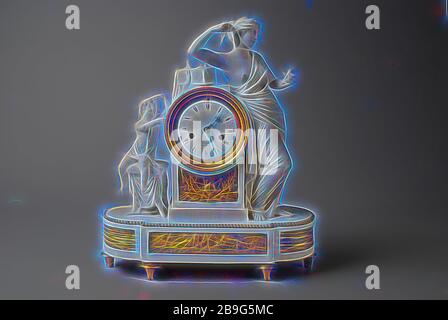 Empire Tabelle Spiel, pendeluhr Uhrwerk Messgerät Keramik keks Messing Bronze Stahl-email, lang gestreckten Fuß mit abgerundeten Seiten vorne und hinten. Im Zentrum Stele mit der Zeitmesser. Auf der rechten Seite weibliche Figur mit Wc macht die Verwendung von Attributen in Feld an der Spitze der Stele; links das Kind auf Hocker, dass Ihr beobachtet wird. Sechs Runden vergoldeter Bronze Beine. Die weißen Emailzifferblatt in vergoldeter Bronze rim mit der Bezeichnung PARIS eingestellt. Aus vergoldeter Bronze Hände der Zeitmesser ist typisch französische Pendel Uhrwerk mit Ankern und Perkussion mit Schließen der Scheibe. Zwei Coupés auf Metall Stockfoto