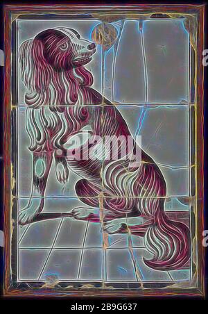 Fliesenplatte, sechs Fliesen, violett auf weißem, sitzender Hund mit ausgehobenem linkem Vorderbein, Fliesenbild Keramik Steingutglasur, gebacken 2x glasiert zwei breite drei hohe Stockfoto