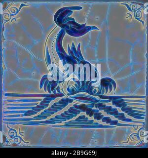 Szenekachel, im Kachelfeld von acht, vier hoch, zwei breit; blau, Delphin auf See, von vorne gesehen, Eckmotiv Ochsenkopf, Kachelfeld Wandfliesenbildteil Keramik Steingut Glasur Zinn Glasur, 2x glasiert blau auf weiß gebacken. Kacheln im Feld von acht Teilen vier hohe zwei breit Stockfoto