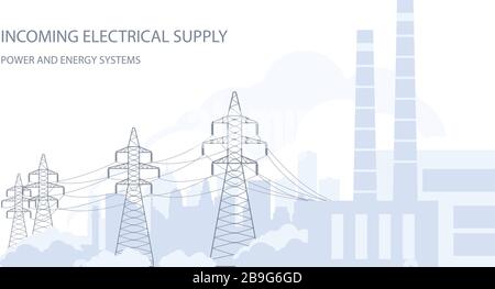 Tangentialtürme, Hochspannungs-Powerline-Pylone und Stadtsilhouette, Stadtsilhouette, Stromversorgung Stock Vektor