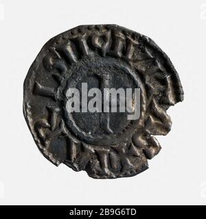 Silberdenarius von Karl dem Ballen (823-877), König der Franken (843-877), Kaiser (875-877), bis 864-877 Denier d'argent de Charles II le Chauve (823-877), roi des Francs (843-877), Impereur (875-877). Argent, 864-877. Paris, musée Carnavalet. Stockfoto